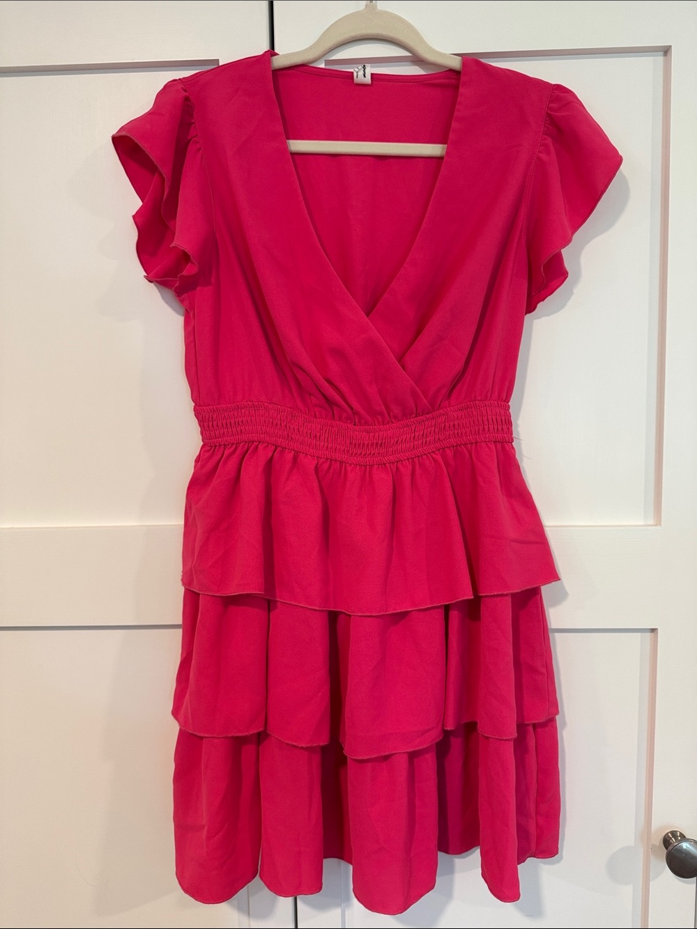Bright Pink Tiered V-Neck Women's Dress